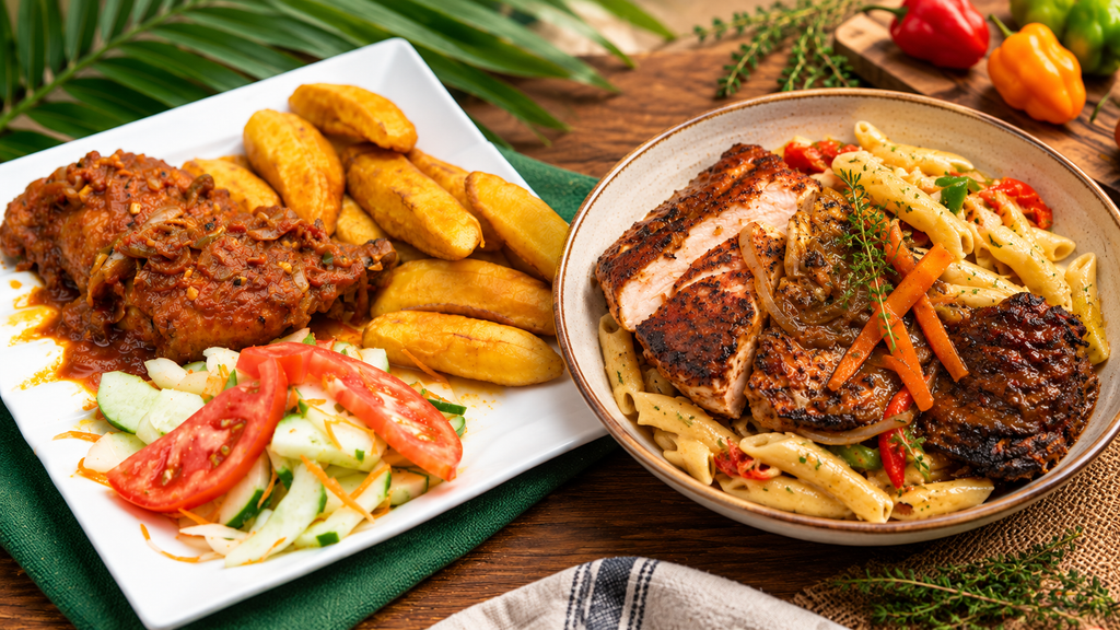 Jamaican food in Brooklyn with grilled chicken, plantains, rice and fresh vegetables
