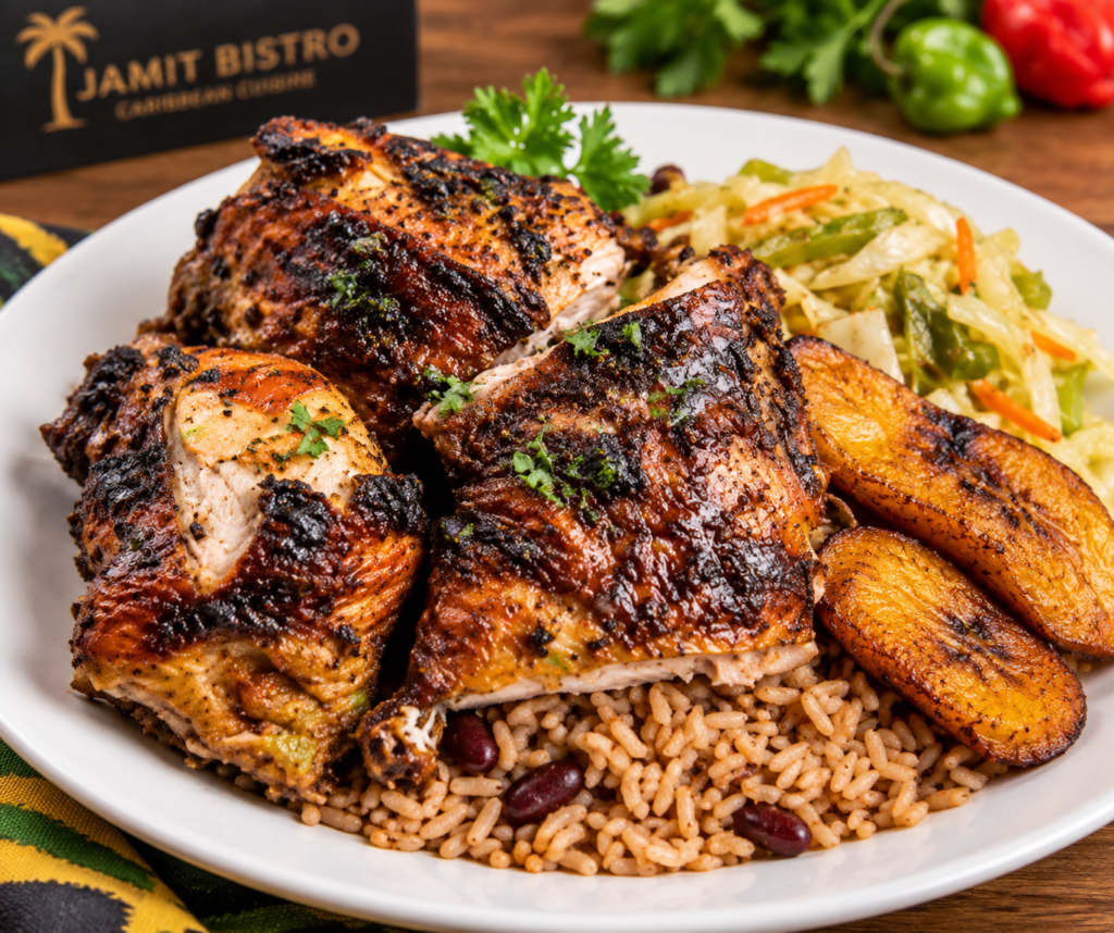 Jamaican jerk chicken with rice and peas, fried plantains, and vegetables