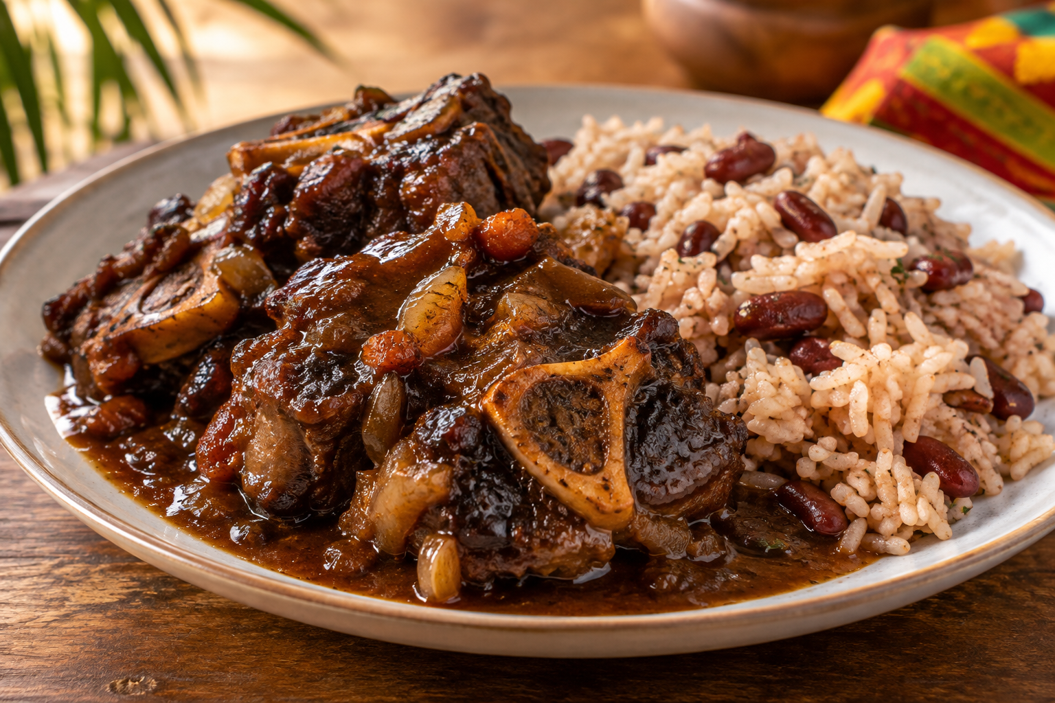 Jamaican oxtail in rich gravy served with rice and peas